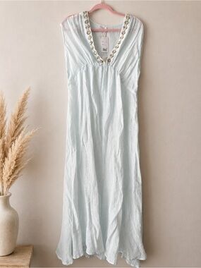 Light Blue Embellished V-Neck Maxi Dress
